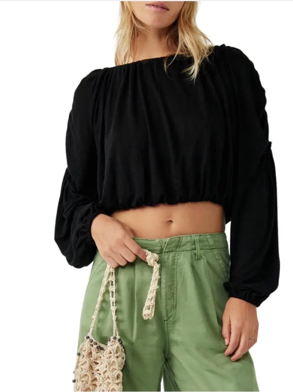 Free People “In a Dream” Linen Blend Crop Balloon Sleeve Top in Black Sz XS